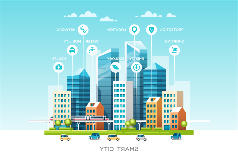 Graphic of a smart city with icons for various infrastrucure systems